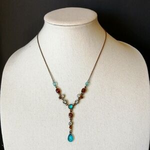 Avon Vintage Y Necklace Lariat Blue Amber Clear Colour Plastic Bead